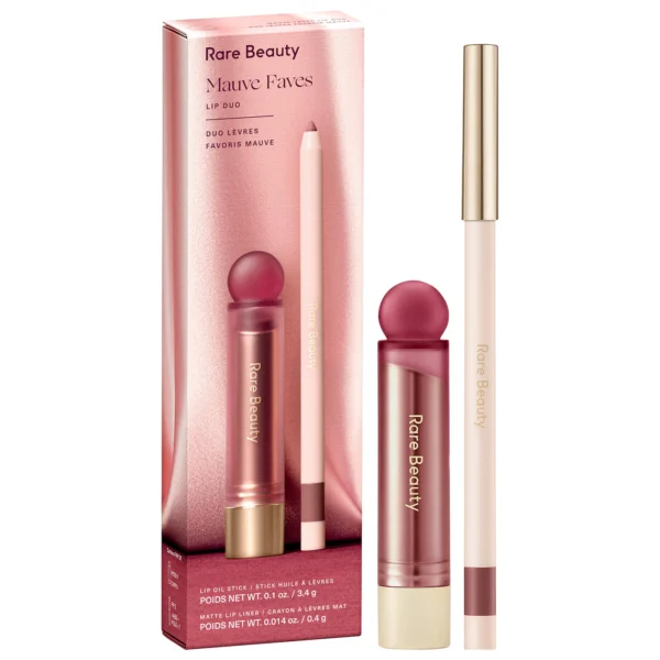 Rare Beauty by Selena Gomez | Mauve Faves Lip Duo Makeup Gift Set (Dúo de delineador y lip oil en barra, tonos malva)