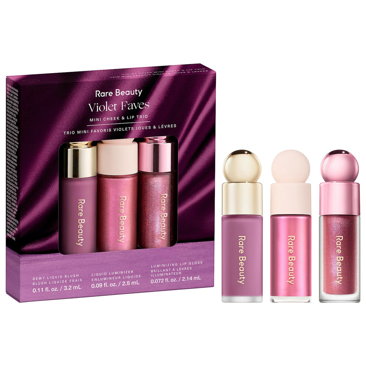 Rare Beauty by Selena Gomez | Violet Faves Mini Cheek and Lip Trio Makeup Gift Set (Trío mini de rubor, iluminador y gloss)